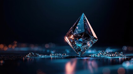 3d rendering of a diamond on a dark background. the diamond is in the center of the image, with its facets reflecting the light and creating a sparkling effect.