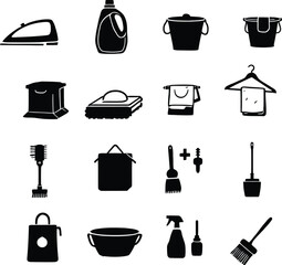 Home Chores & Cleaning Essentials – Monochrome Vector Icon Set of Household Tools, Bottles, Buckets, Towels, and Brushes in Grid Layout