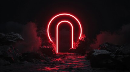 Digital art piece that appears to be a 3d rendering of a red neon sign in the shape of an arch.
