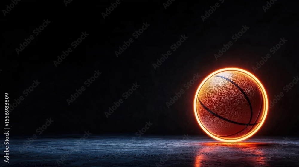 Poster 3d rendering of a basketball in the center of a dark room. the basketball is in the shape of a circl