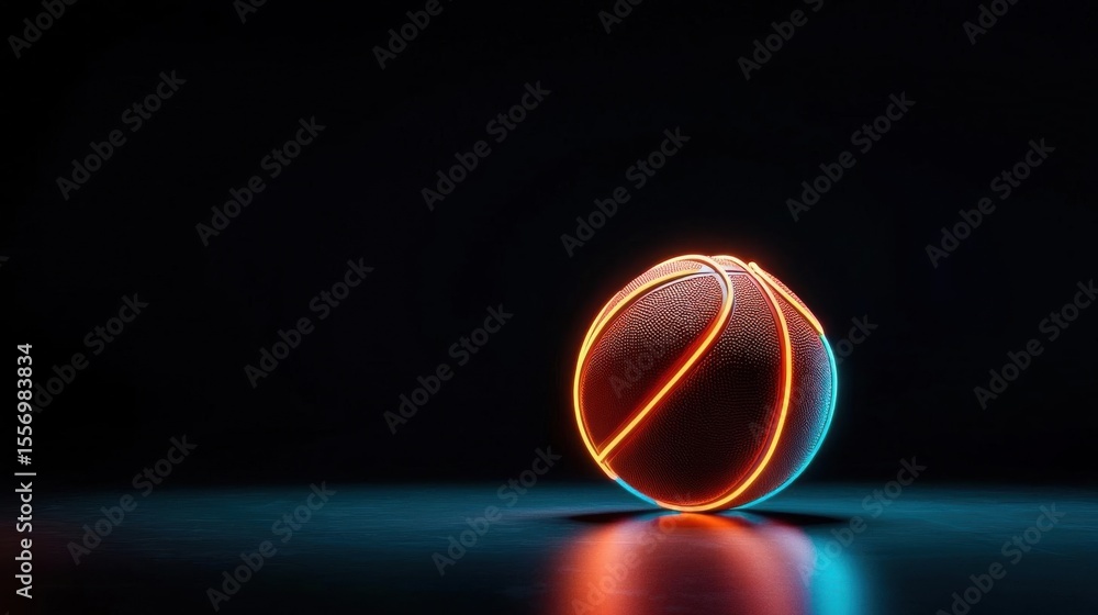 Poster 3d rendering of a basketball on a dark background. the basketball is in the center of the image, wit