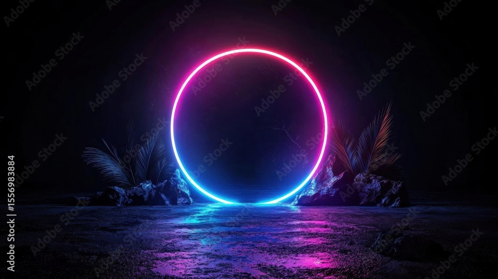 Poster digital art piece that appears to be a 3d rendering of a circular neon ring in the center of a dark 