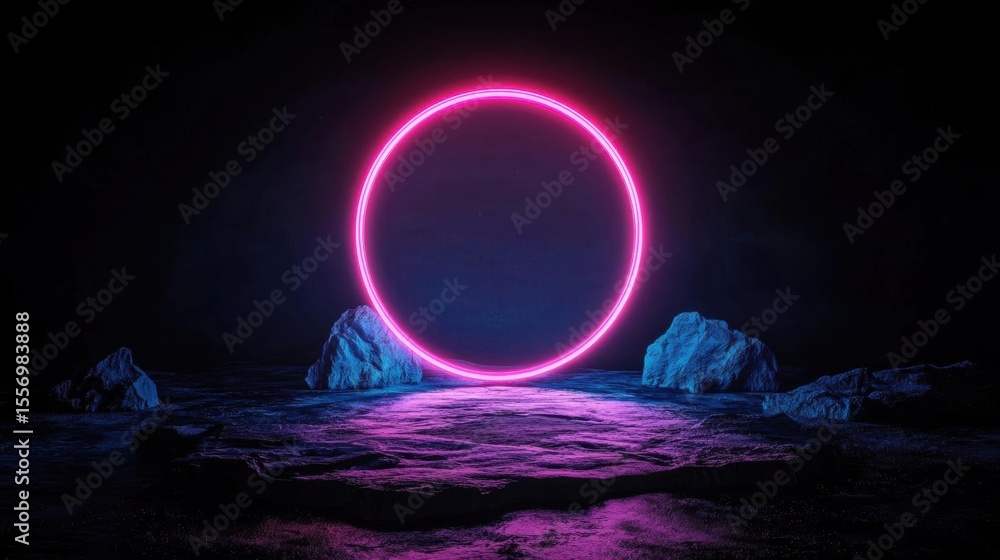 Poster digital art piece that appears to be a 3d rendering of a circular neon ring in the center of a dark 