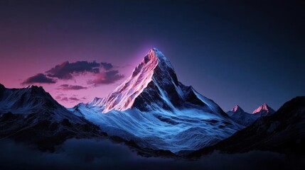 Landscape photograph of a mountain peak at sunrise or sunset. the mountain is covered in snow and ice, and the peak is illuminated by the warm light of the rising sun.