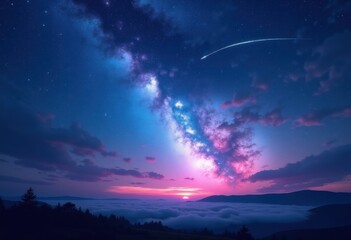 Naklejka premium celestial nightscape vibrant shooting stars starry sky cosmic beauty twilight aurora heavenly display, galaxy, nebula, universe, darkness, twinkling, stargazing