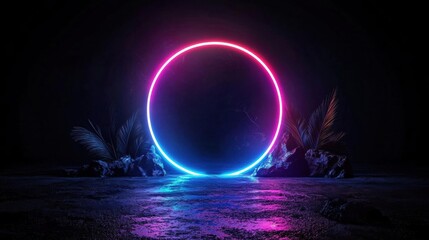 Digital art piece that appears to be a 3d rendering of a circular neon ring in the center of a dark background.