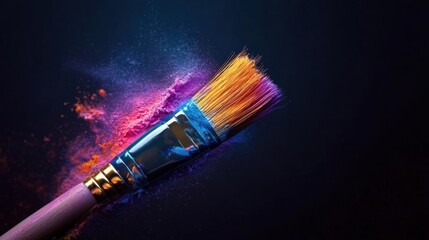 Close-up of a paintbrush with a purple handle and orange bristles. the brush is in the center of the image and is surrounded by a dark background.