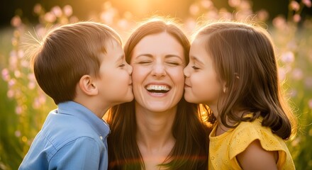 Radiant Mother's Joy: Children's Kisses in Golden Sunlight, Eyes Closed, Heart Open