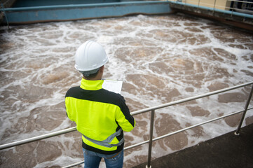 A wastewater treatment engineer is inspecting the operation of a water treatment plant