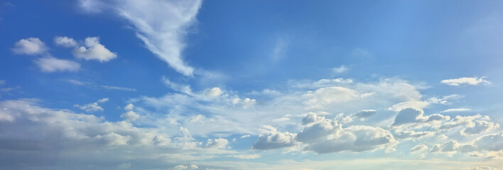 Blue sky with white clouds, natural background for weather, travel, environment, and inspirational...