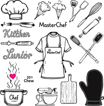 MasterChef Junior Kitchen Icon Set &ndash; Monochrome Vector Illustrations of Cooking Tools, Chef Hat, Apron, Mixer, and Creative Culinary Labels