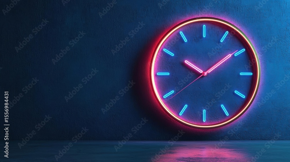 Poster 3d rendering of a neon clock on a dark blue wall. the clock is circular in shape and has a red and b