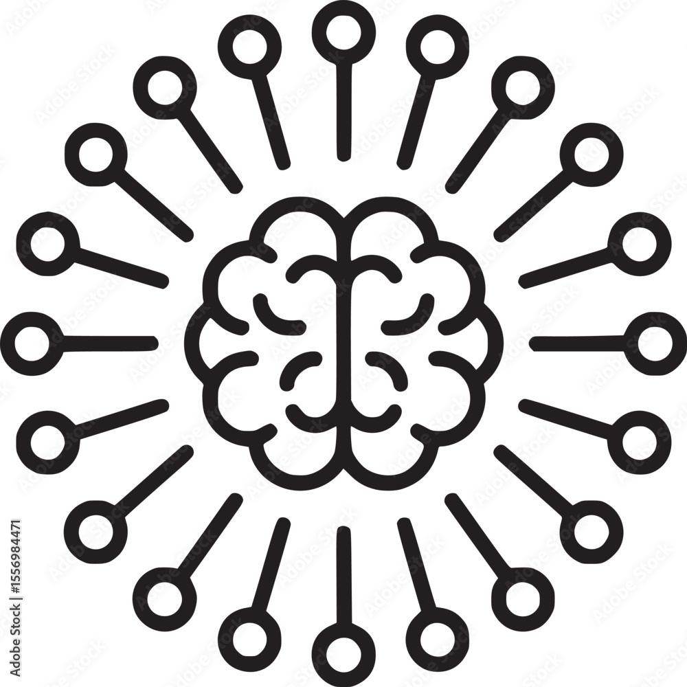 Aufkleber a stylized brain icon surrounded by connecting nodes in a circular arrangement on white background
