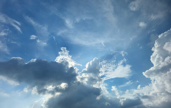 Blue sky with white clouds, natural background for weather, travel, environment, and inspirational themes. Bright clear sky with cloudscape. No limit concept. Blue sky with fluffy cumulus clouds.