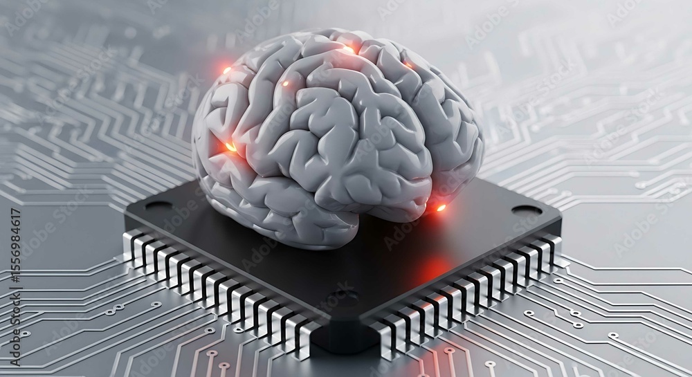 Aufkleber Human brain on microchip with glowing points, representing artificial intelligence and advanced digital technology concept for computer science development.