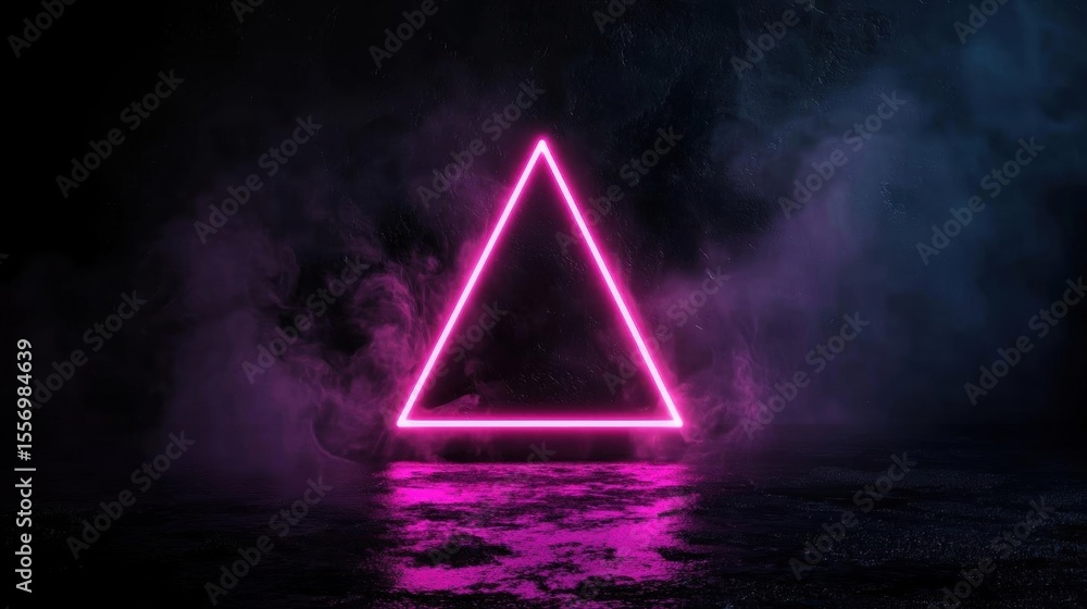 Poster 3d rendering of a pink neon triangle in the middle of a dark background. the triangle is in the cent