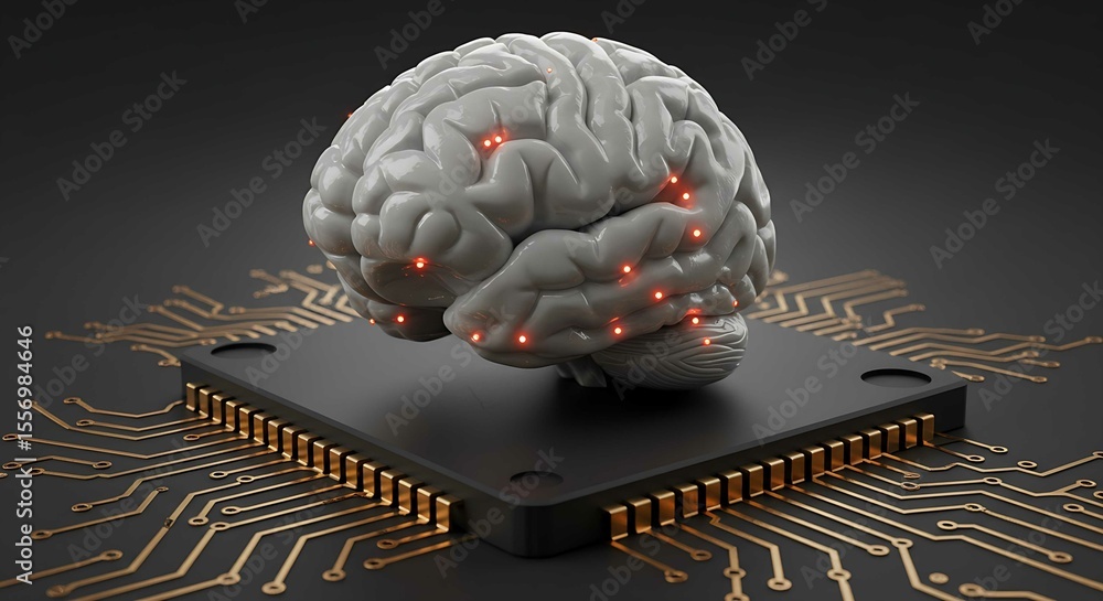 Aufkleber Human brain on microchip with glowing points, representing artificial intelligence and advanced digital technology concept for computer science development.