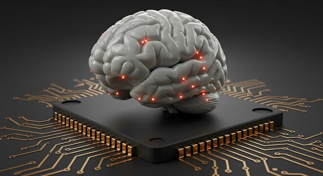 Human brain on microchip with glowing points, representing artificial intelligence and advanced digital technology concept for computer science development.