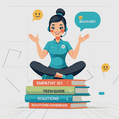 Cartoon woman sits atop books labeled Empathy 101 Tech Guide Solutions and Solutions Handbook suggesting customer service expertise