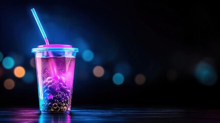 Plastic cup with a pink lid and a blue straw. the cup is filled with a purple liquid and there are small bubbles floating on the surface.
