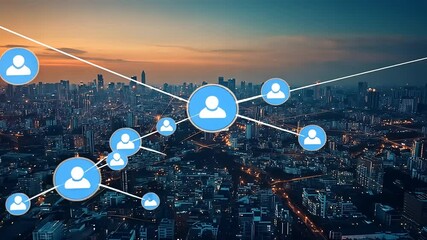 City skyline at sunset with digital social network icons representing connections and communication - Powered by Adobe