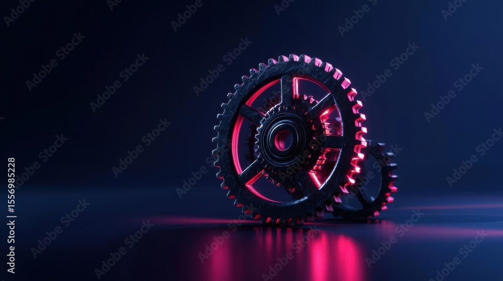Poster 3d rendering of a gear wheel with a red and black color scheme. the gear wheel is in the center of t