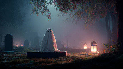 Eerie halloween ghost encounter graveyard nighttime scene spooky atmosphere cinematic view frightening concept