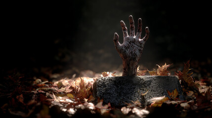 Halloween graveyard scene with creepy zombie hand emerging from leaves spooky atmosphere nighttime eerie concept