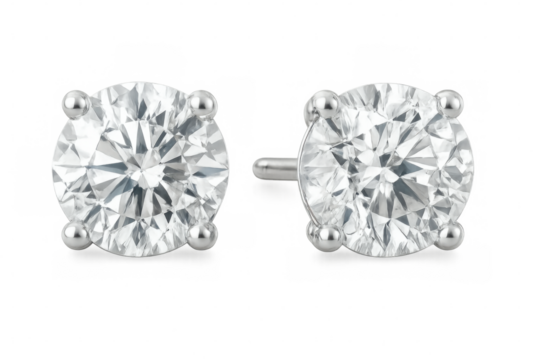 Close-up of two brilliant cut diamond earrings, showcasing their exquisite clarity and sparkle, isolated on a transparent background