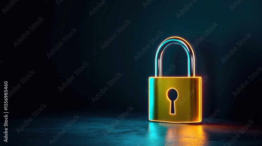 Poster 3d rendering of a padlock with a keyhole in the center. the padlock is made up of a combination of y