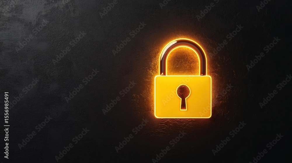 Poster digital illustration of a yellow padlock on a black background. the padlock is in the shape of a cir