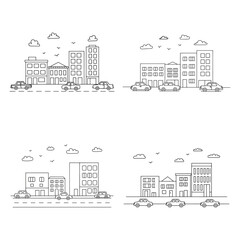 Fototapeta premium Cityscape Illustrations of Urban Scenes Depicting Buildings Cars and Clouds in a Minimalist Line Art Style and Black and White Theme