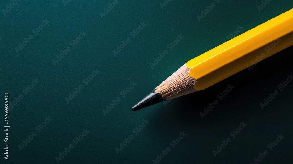 Poster close-up of a yellow pencil with a black tip. the pencil is resting on a dark green background. the 