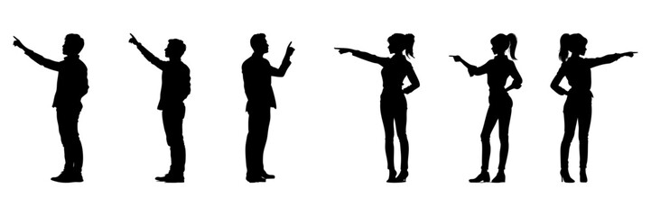 Pointing Adults Silhouette Icon Set. Direction And Indication Gesture Symbol Collection. Communication And Instruction Visuals. Isolated Vector Illustration