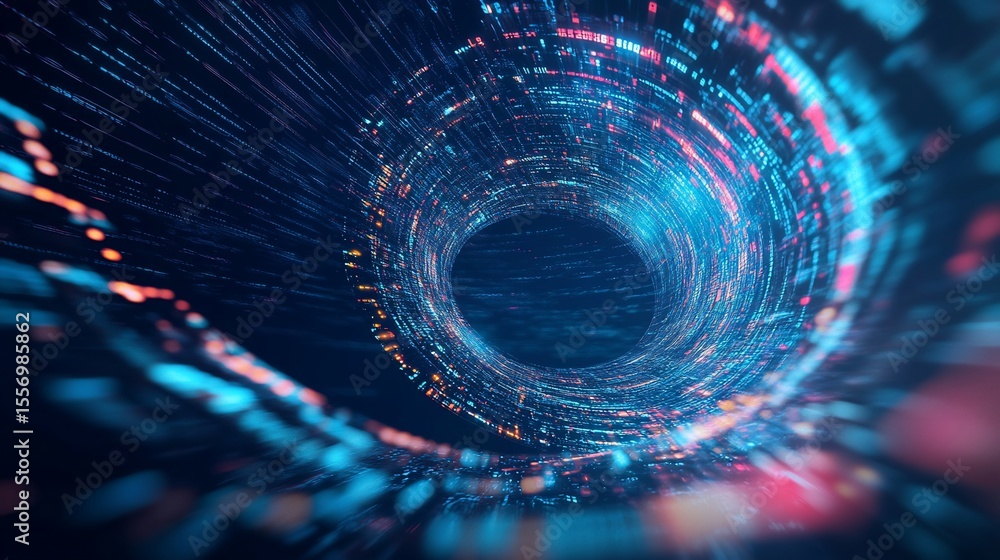 Poster abstract digital tunnel with blue and red glowing lights data stream