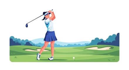 Woman Golf Swing on Green Field