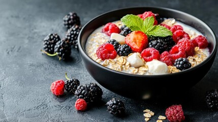 The image is of a bowl of oatmeal with fresh berries and granola. the bowl is black and is placed on a dark grey textured surface.