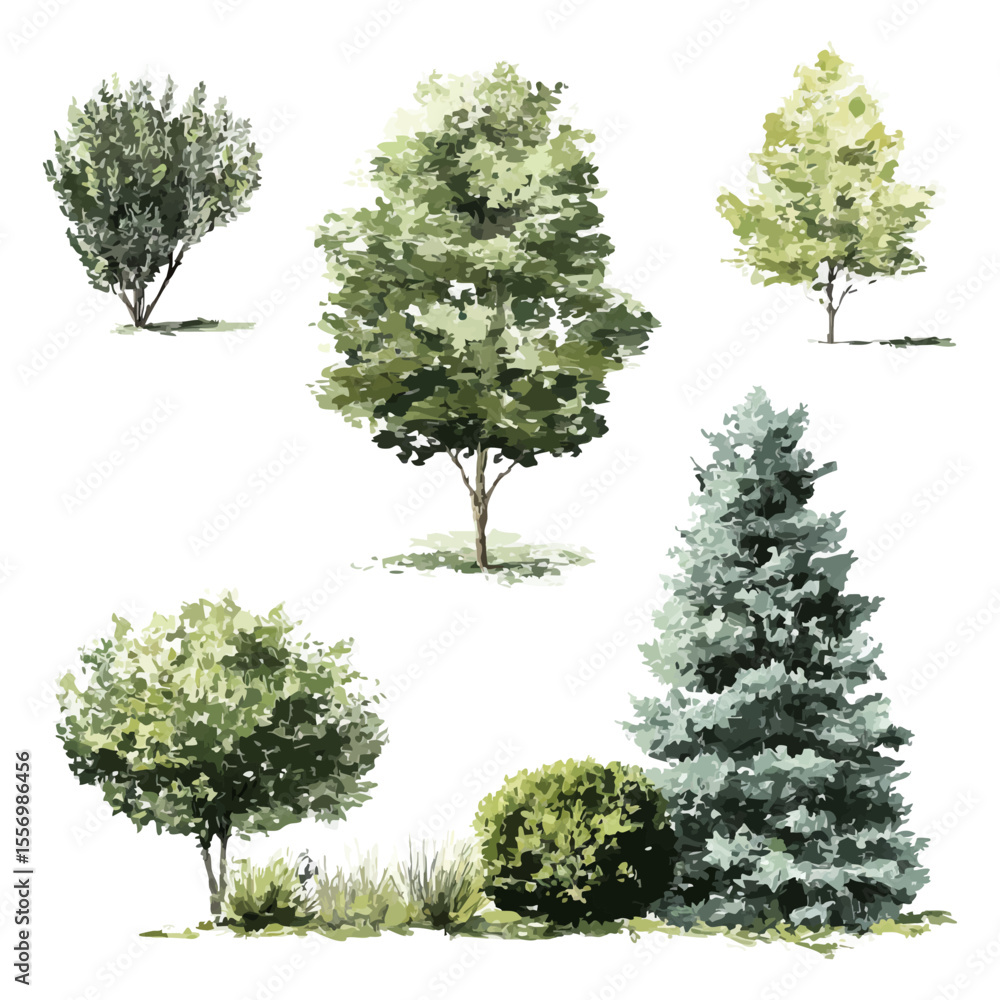 Poster watercolor trees and shrubs side view set. landscape architecture and garden planning element collec