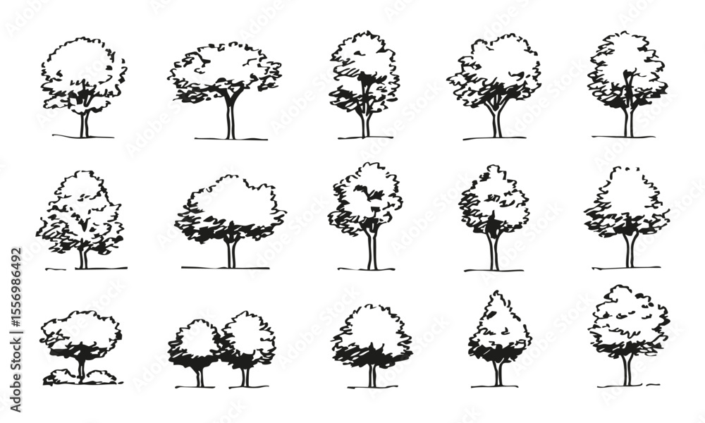 Poster black and white tree sketch collection set. landscape architecture and environmental design element 