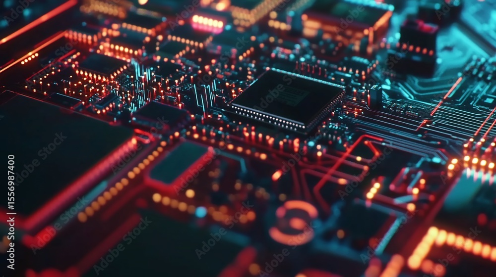 Poster close-up view of a complex circuit board with glowing lights and intricate connections