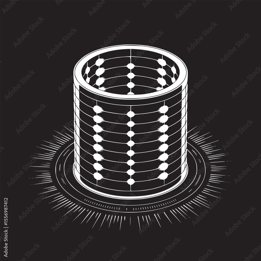 Poster isometric view of a white cylindrical structure with horizontal lines and radiating lines on a black