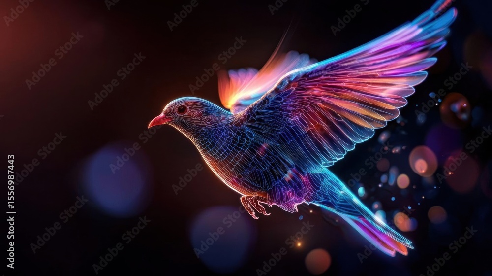 Poster digital illustration of a bird in flight. the bird is in the center of the image, with its wings spr