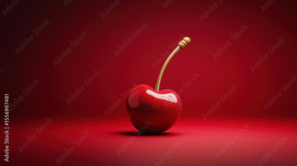 Poster 3d rendering of a single cherry on a red background. the cherry is in the center of the image and is