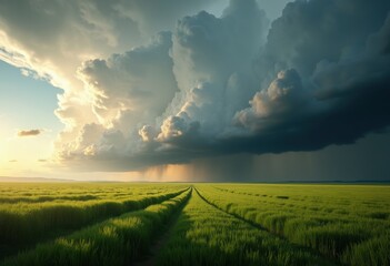 majestic storm clouds over expansive open farmland blending dramatic skies lush green fields, landscape, nature, overcast, weather, pasture, agriculture