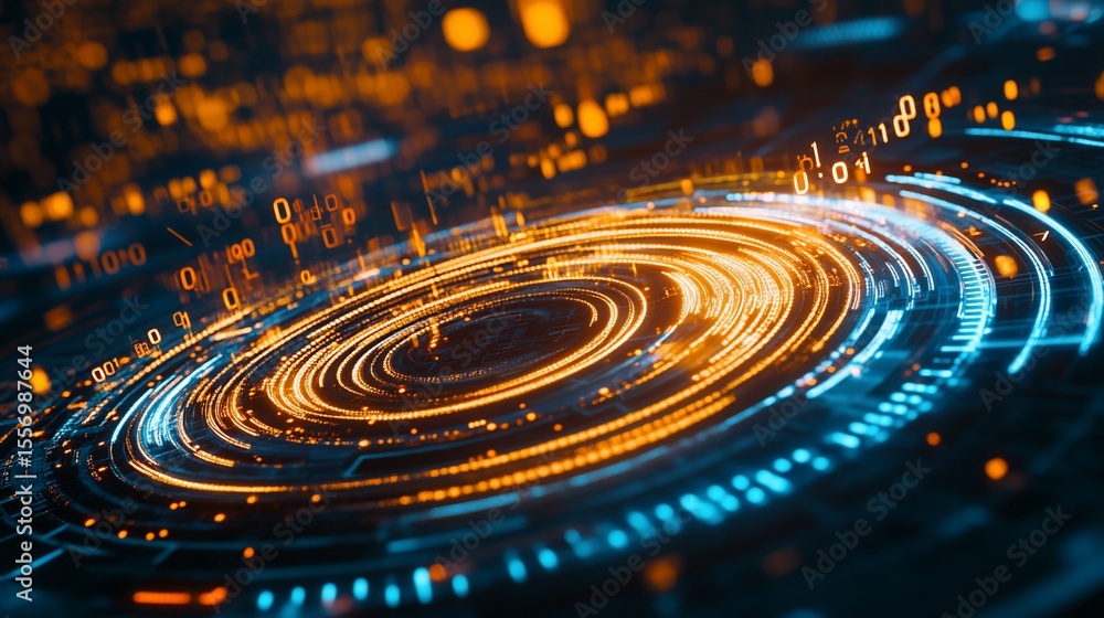 Poster abstract digital technology background with rotating orange and blue lines and numbers