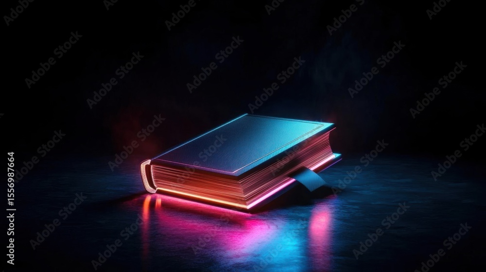Fototapete 3d rendering of an open book with a blue cover. the book is placed on a dark surface with a red and 