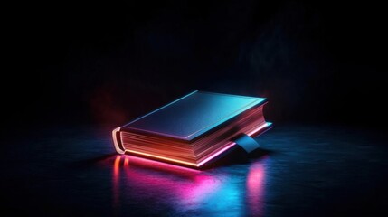 3d rendering of an open book with a blue cover. the book is placed on a dark surface with a red and blue light shining on it, creating a contrast between the two colors.