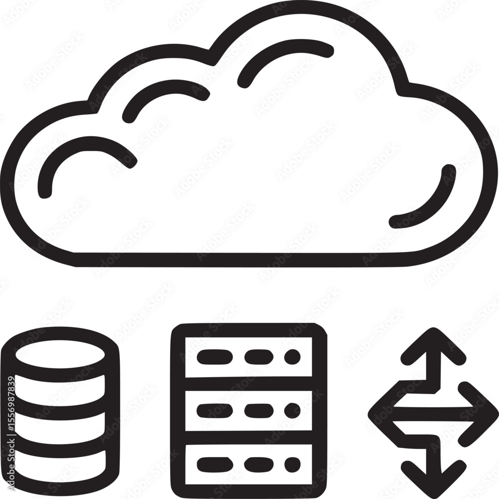 Poster illustration of a cloud above a database server and data transfer icon in black and white outline