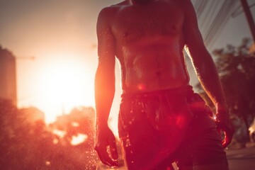 Exhausted man walking under scorching sun, heat distortion effect, sweat dripping, summer heatwave in urban street, cinematic lighting.