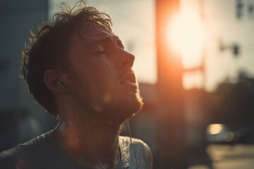Exhausted man walking under scorching sun, heat distortion effect, sweat dripping, summer heatwave in urban street, cinematic lighting.
